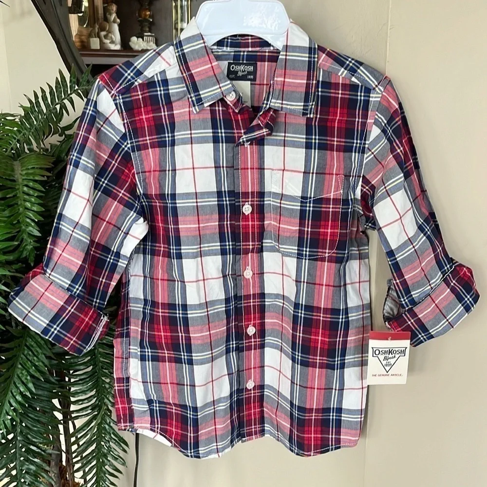 Brand New OshKosh B’Gosh Plaid Button Down Shirt Collared Cotton Long Sleeve